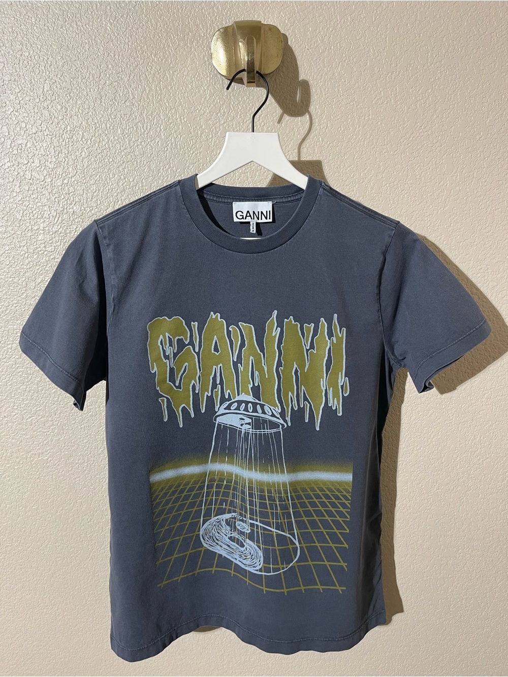Ganni Charcoal Graphic Tee with Olive and Yellow Print